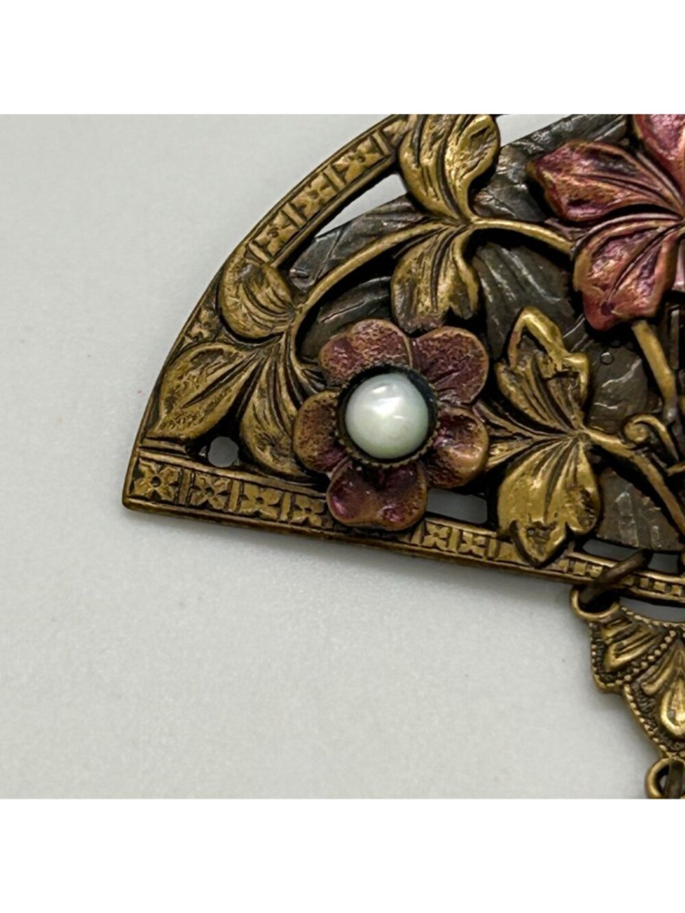 Vintage Art Nouveau Revival Brass Fan Brooch Enamel Bee Faux Pearl Dangles - Picture 6 of 13